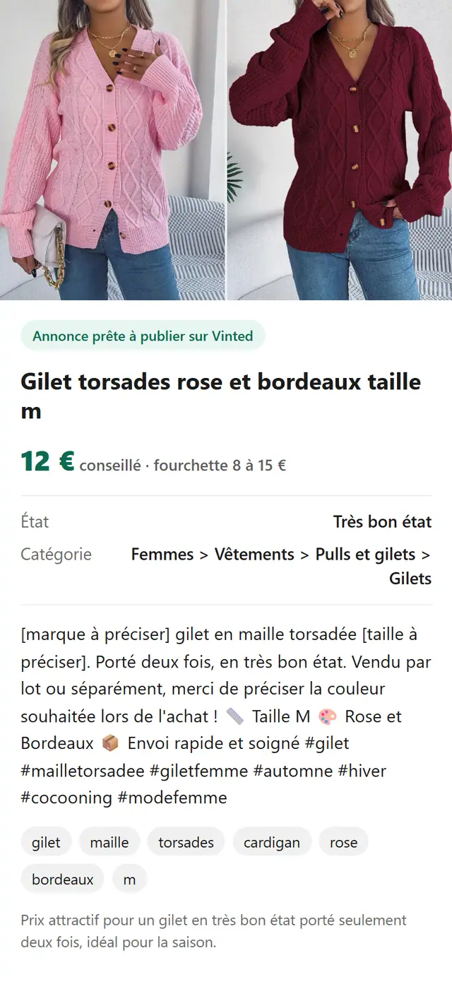 Annonce Vinted : Gilet torsades rose et bordeaux taille m (capture réelle)
