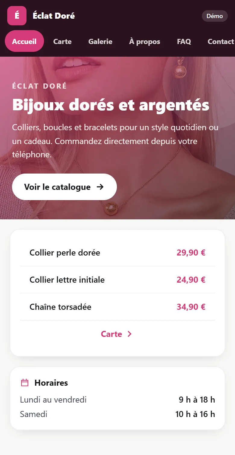 Application · Boutique : Éclat Doré, écran Accueil (capture réelle)