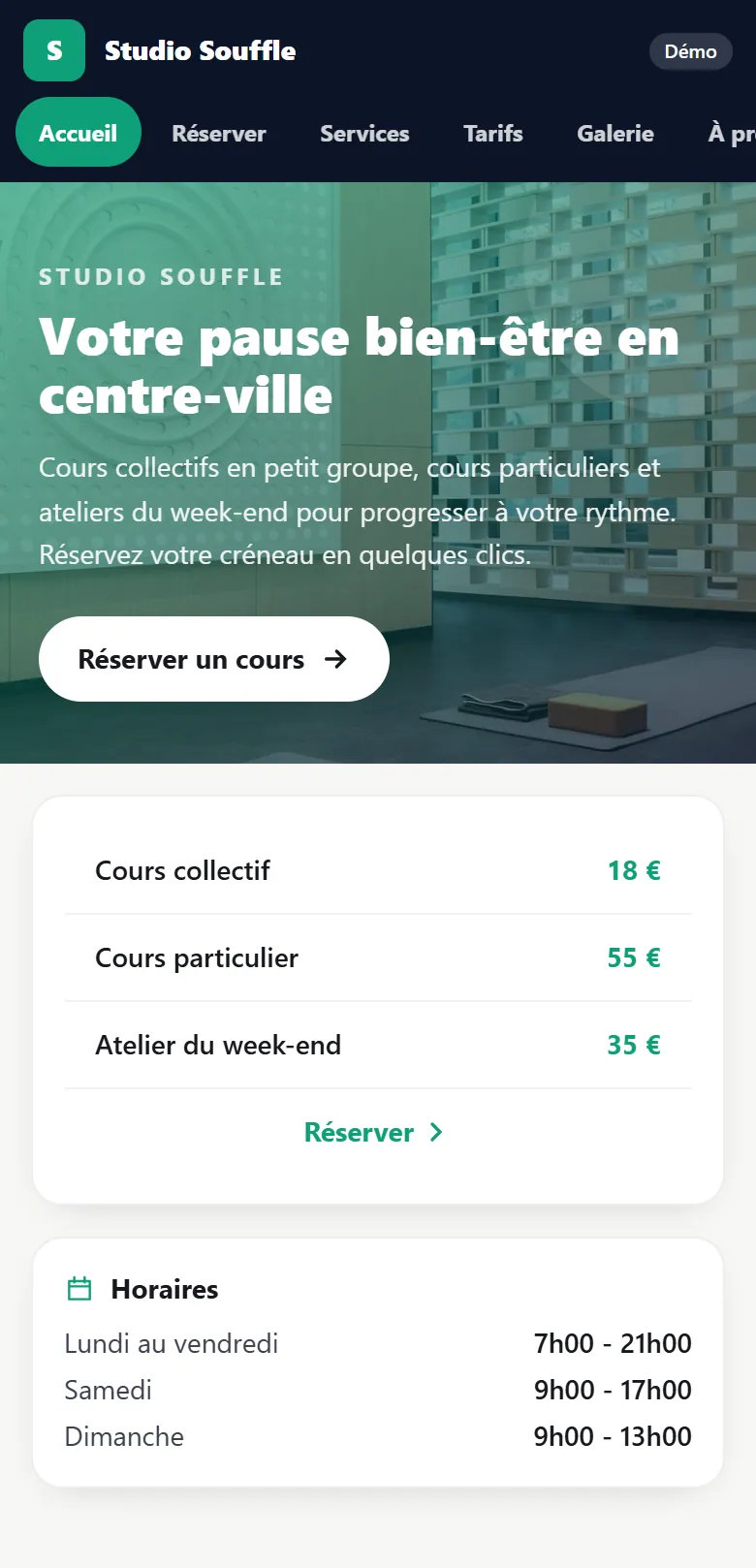 Application · Réservation : Studio Souffle, écran Accueil (capture réelle)