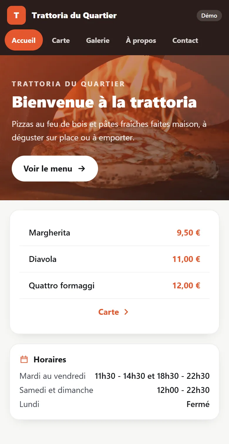 Application · Menu de restaurant : Trattoria du Quartier, écran Accueil (capture réelle)