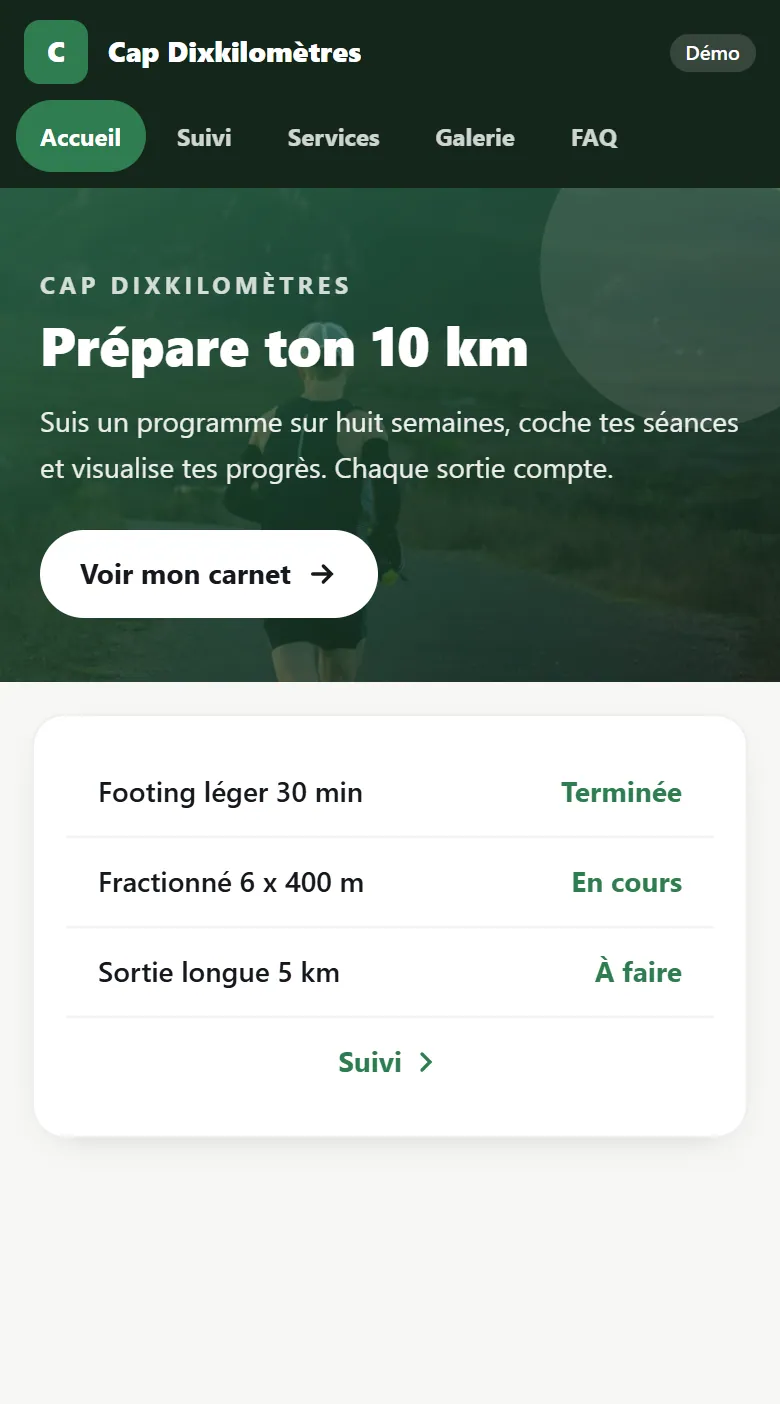 Application · Suivi sportif : Cap Dixkilomètres, écran Accueil (capture réelle)